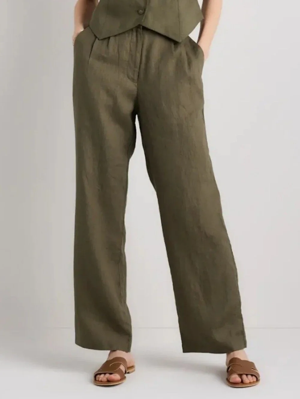 Quince 100% European Linen Pleated Trouser, Bayberry Olive, Size 14